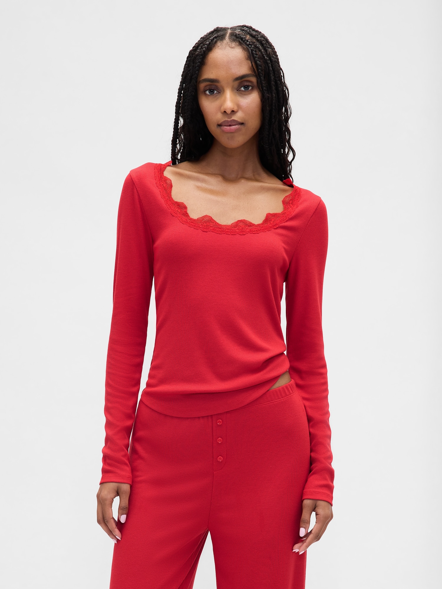 HAUT DE PYJAMA FINEMENT CÔTELÉ À DENTELLE