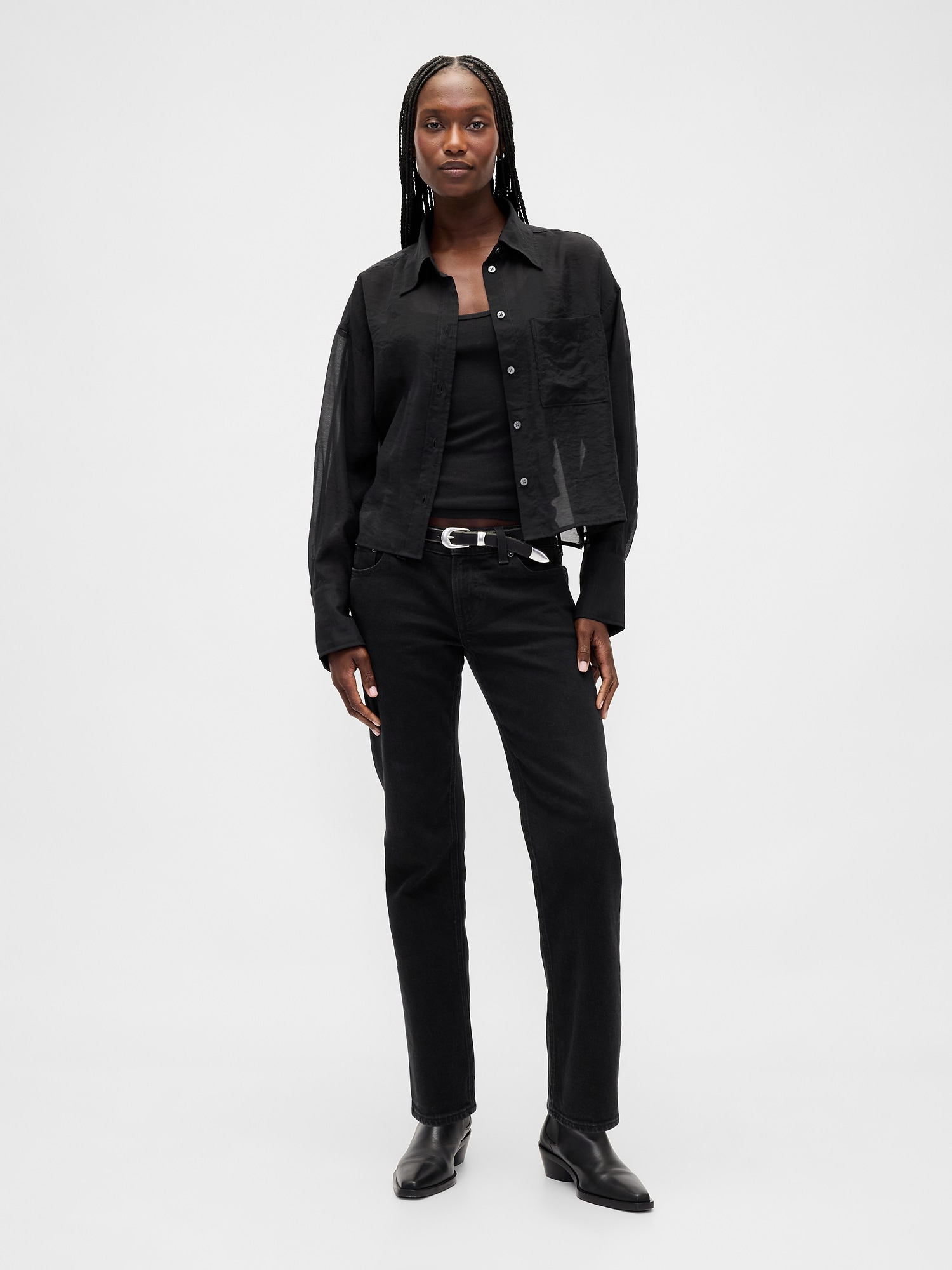 シアー ストレートヘム クロップドシャツ-1