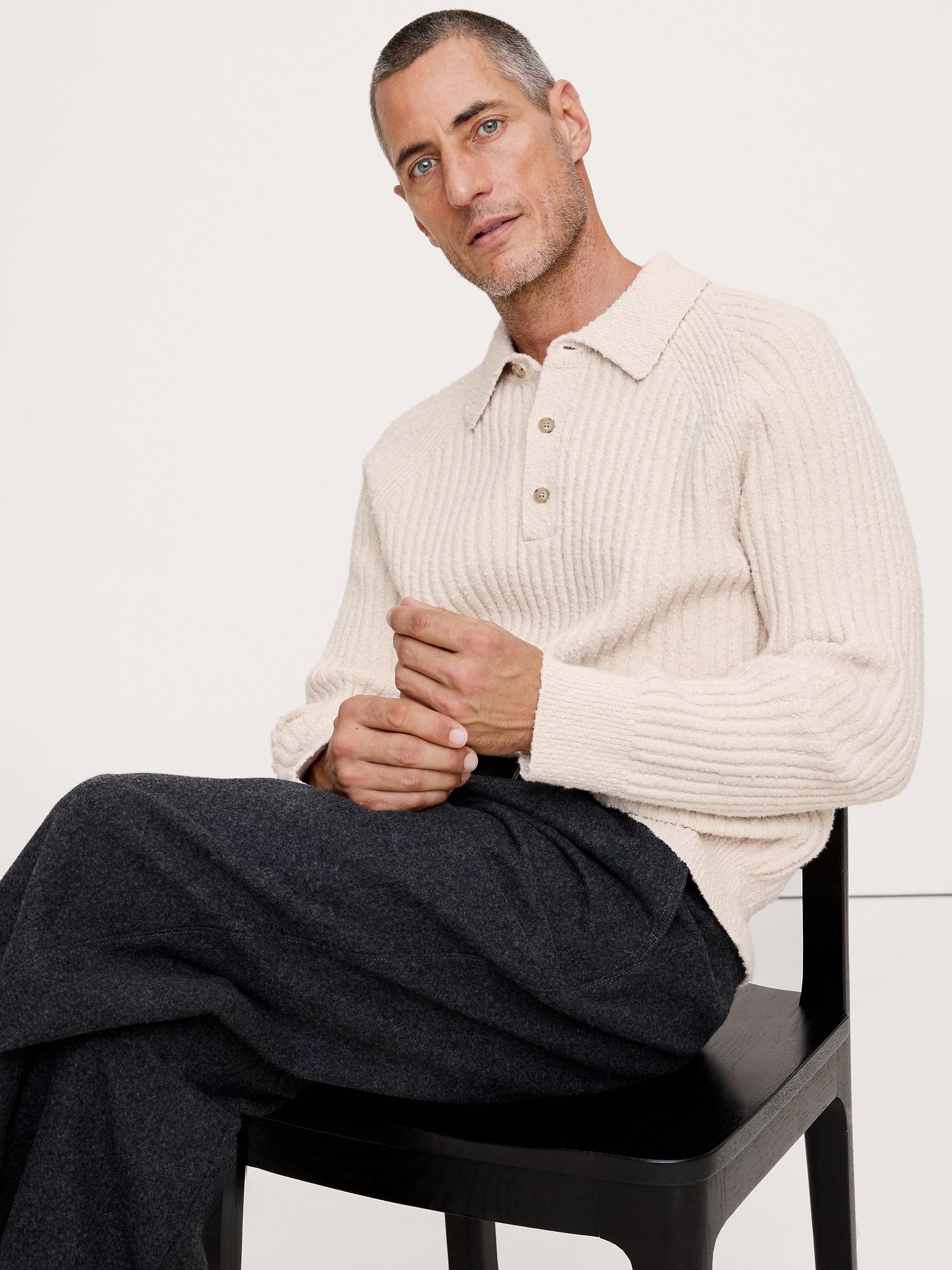 POLO EN TRICOT BOUCLÉ CÔTELÉ - Blanc