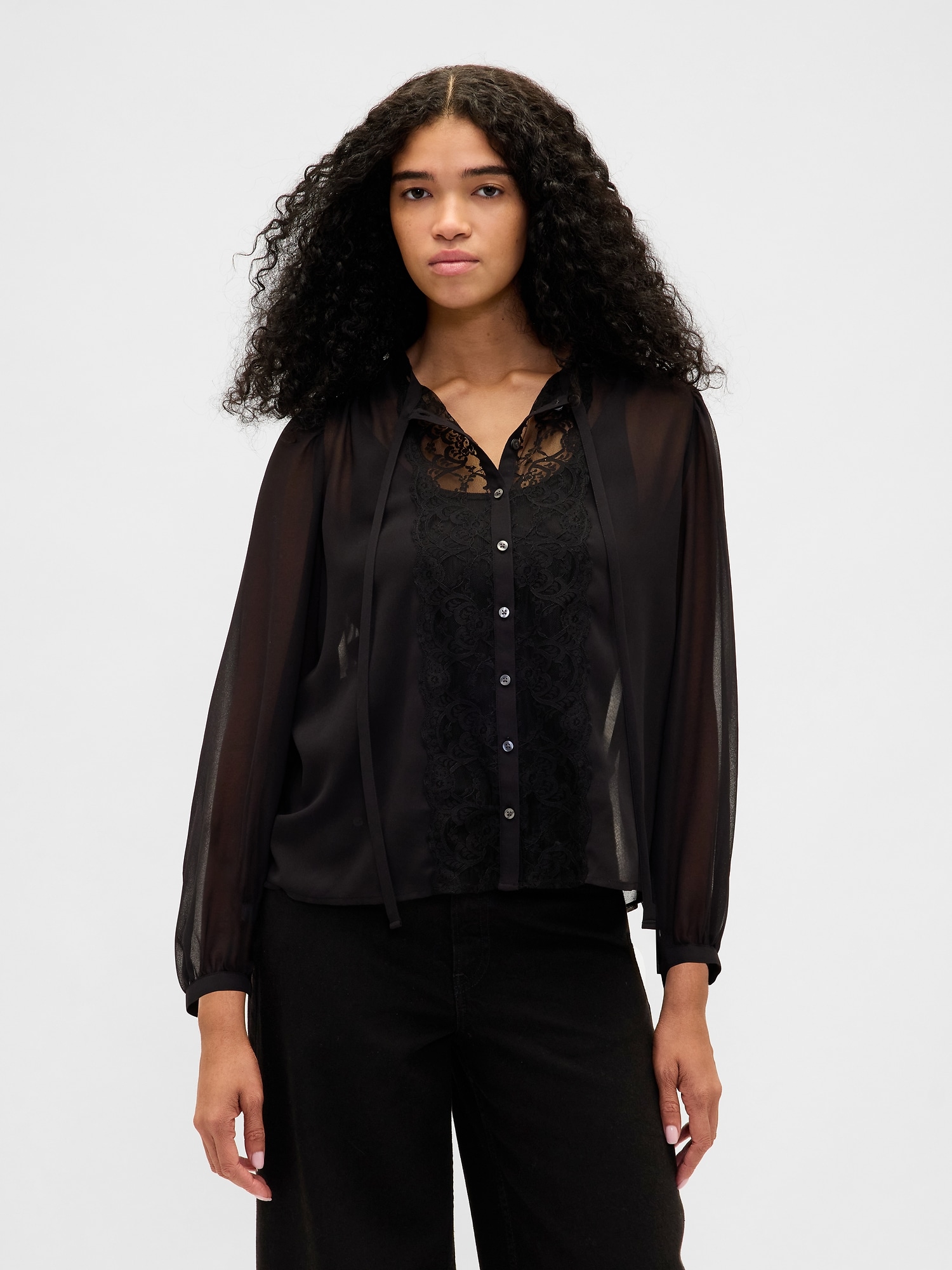 Sheer Recycled Lace Inset Tie-Neck Top