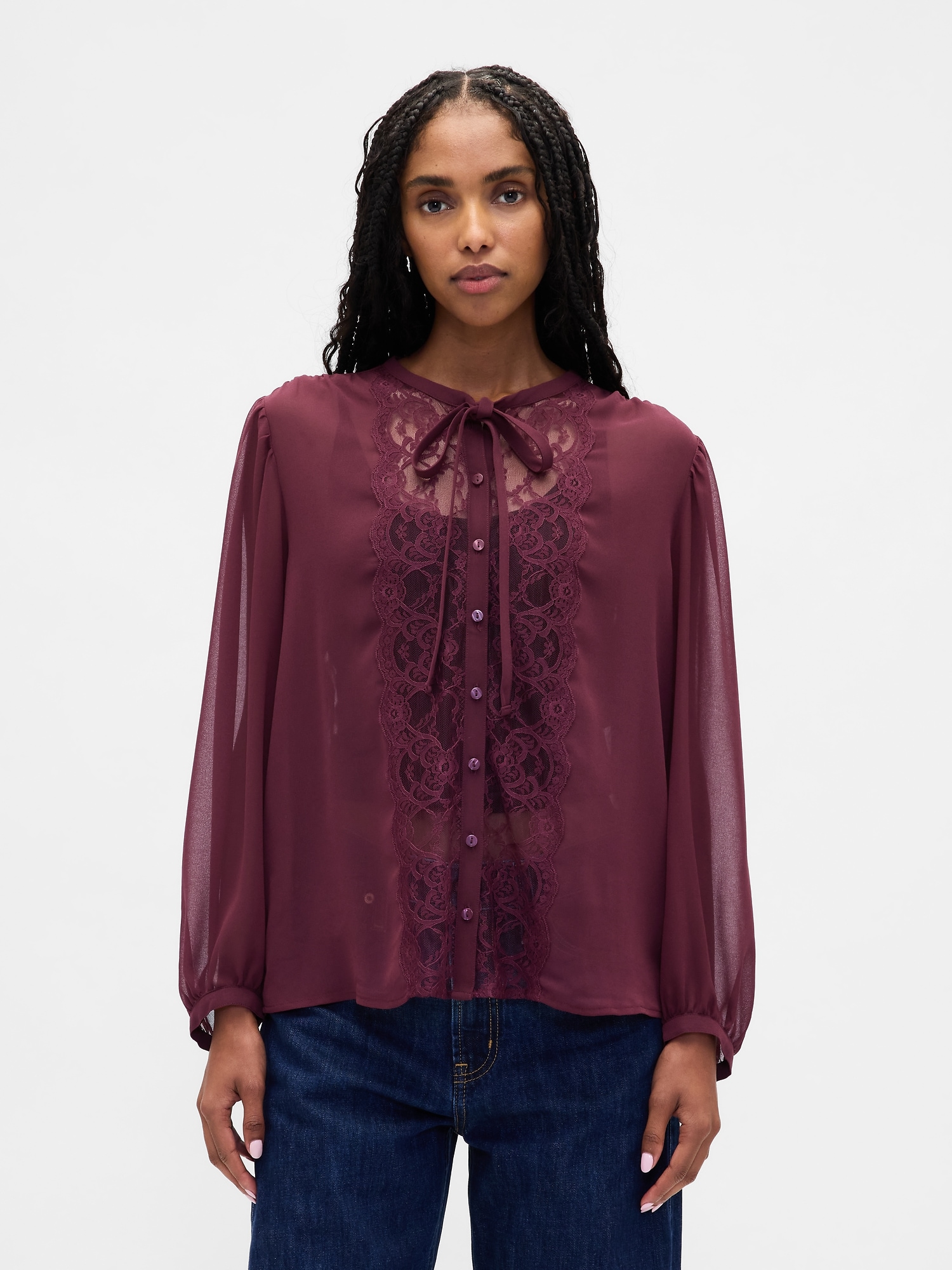 Sheer Recycled Lace Inset Tie-Neck Top