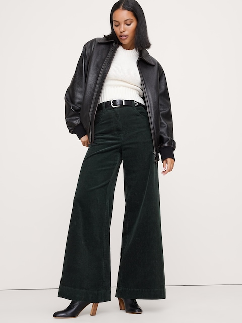 PANTALON EN VELOURS CÔTELÉ À JAMBE LARGE ET À TAILLE TRÈS HAUTE - Vert Au