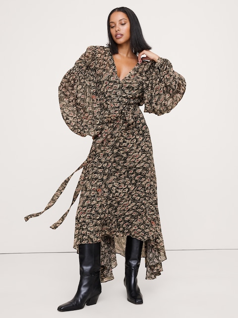 Georgette Puff-Sleeve Maxi Dress