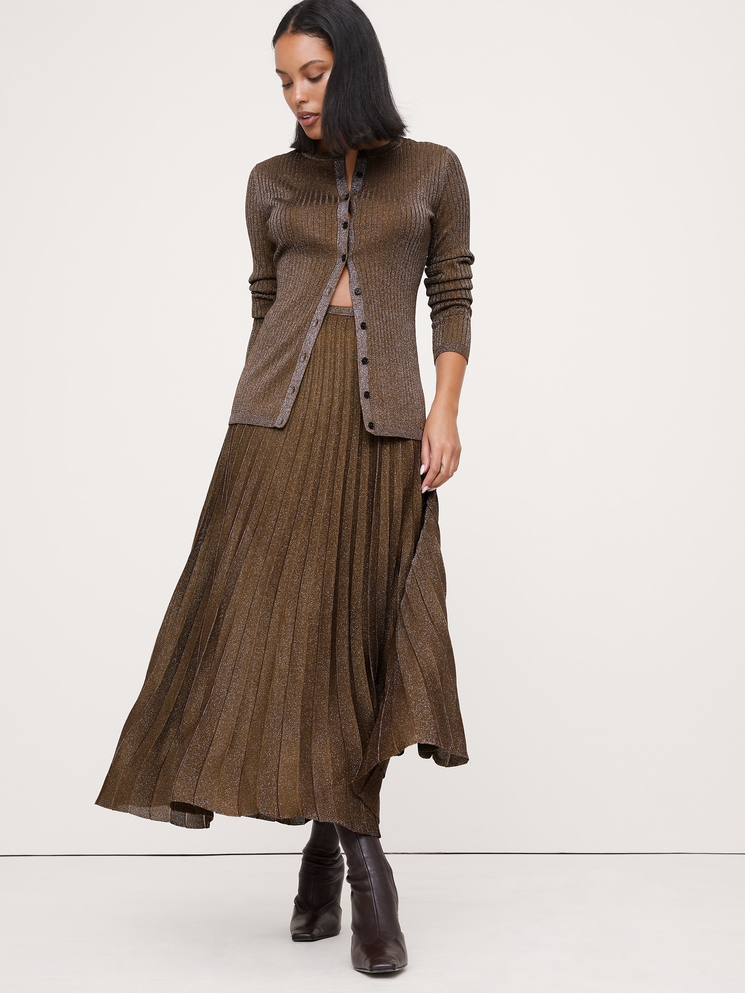 Pleated Metallic Sweater Skirt