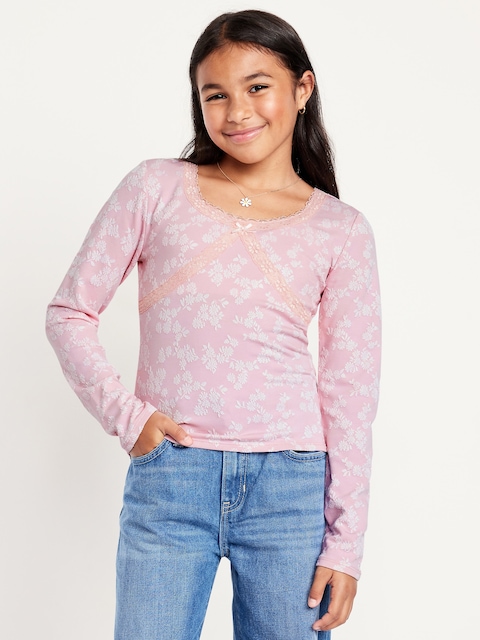Fitted Long-Sleeve Lace-Trim Top for Girls