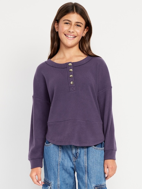 CozePlush Oversized Thermal-Knit Henley Top for Girls
