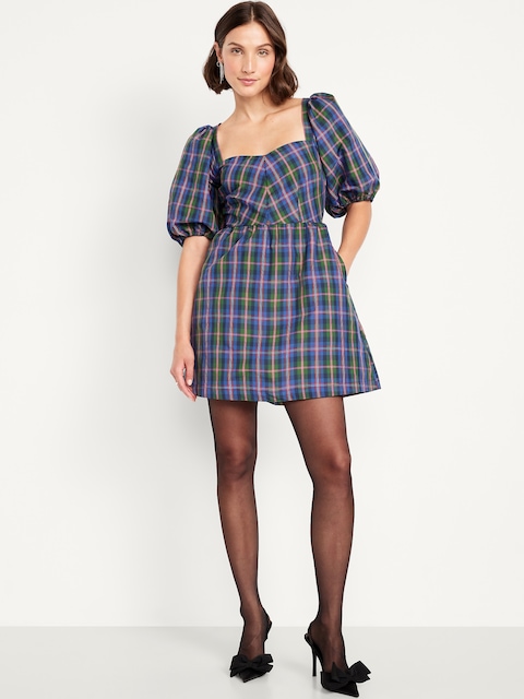 Puff-Sleeve Plaid Fit & Flare Taffeta Mini Dress