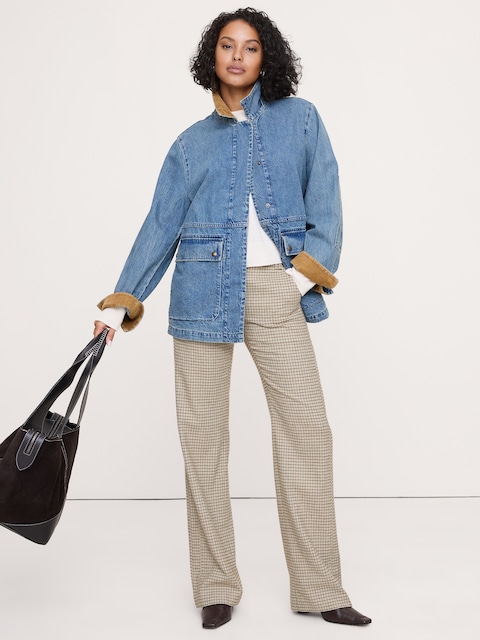 PANTALON DROIT EN FLANELLE ITALIENNE À TAILLE MI-BASSE CEINTURÉE - Pied-De