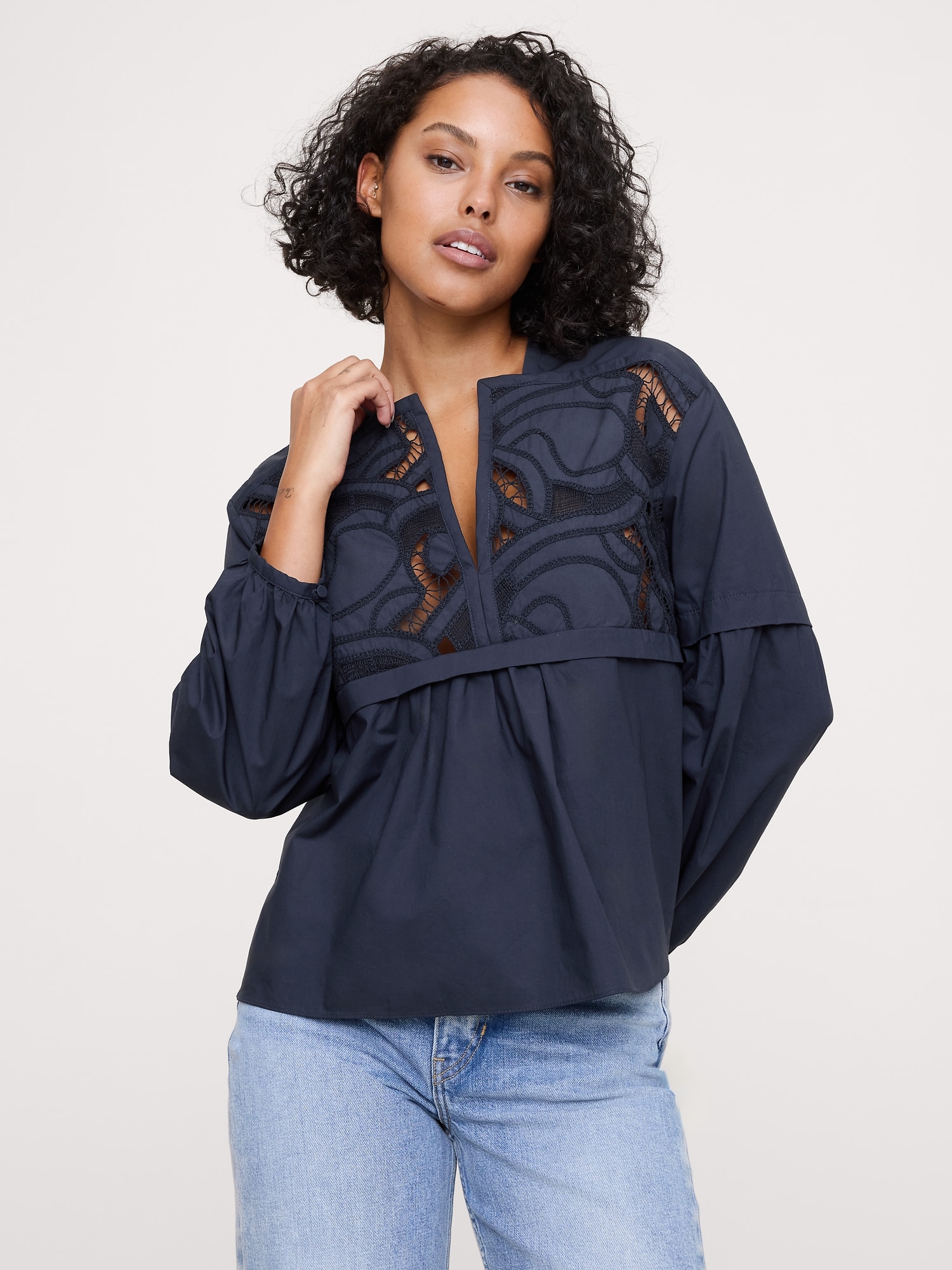 Embroidered Cotton Poplin Popover Top