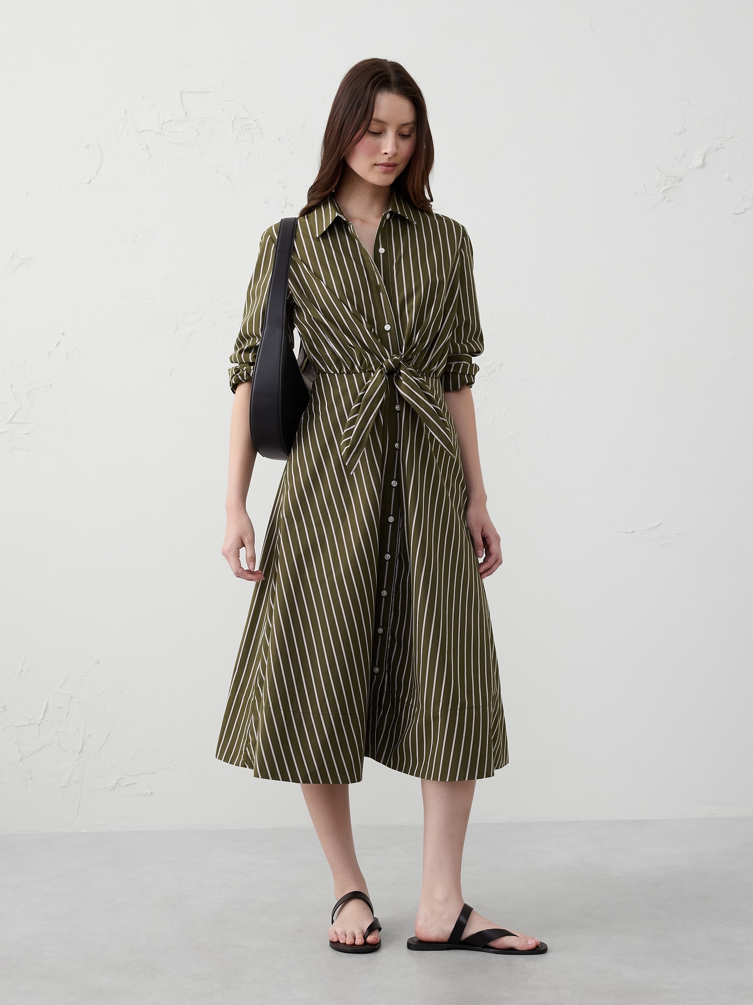 Cuffed Tie-Front Midi Shirtdress
