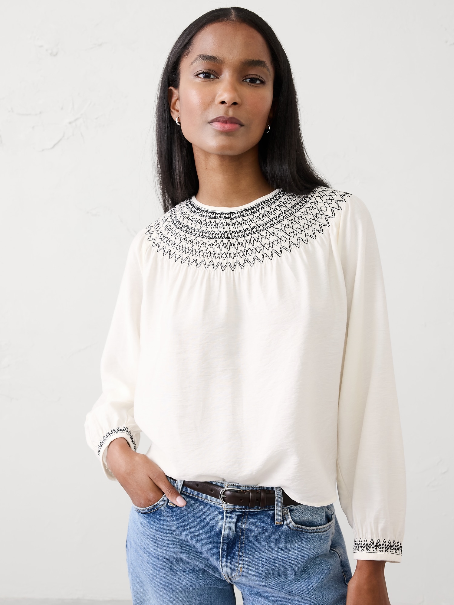 Embroidered-Neck Top