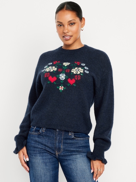 Loose Crew-Neck Wool-Blend Graphic Cropped Sweater