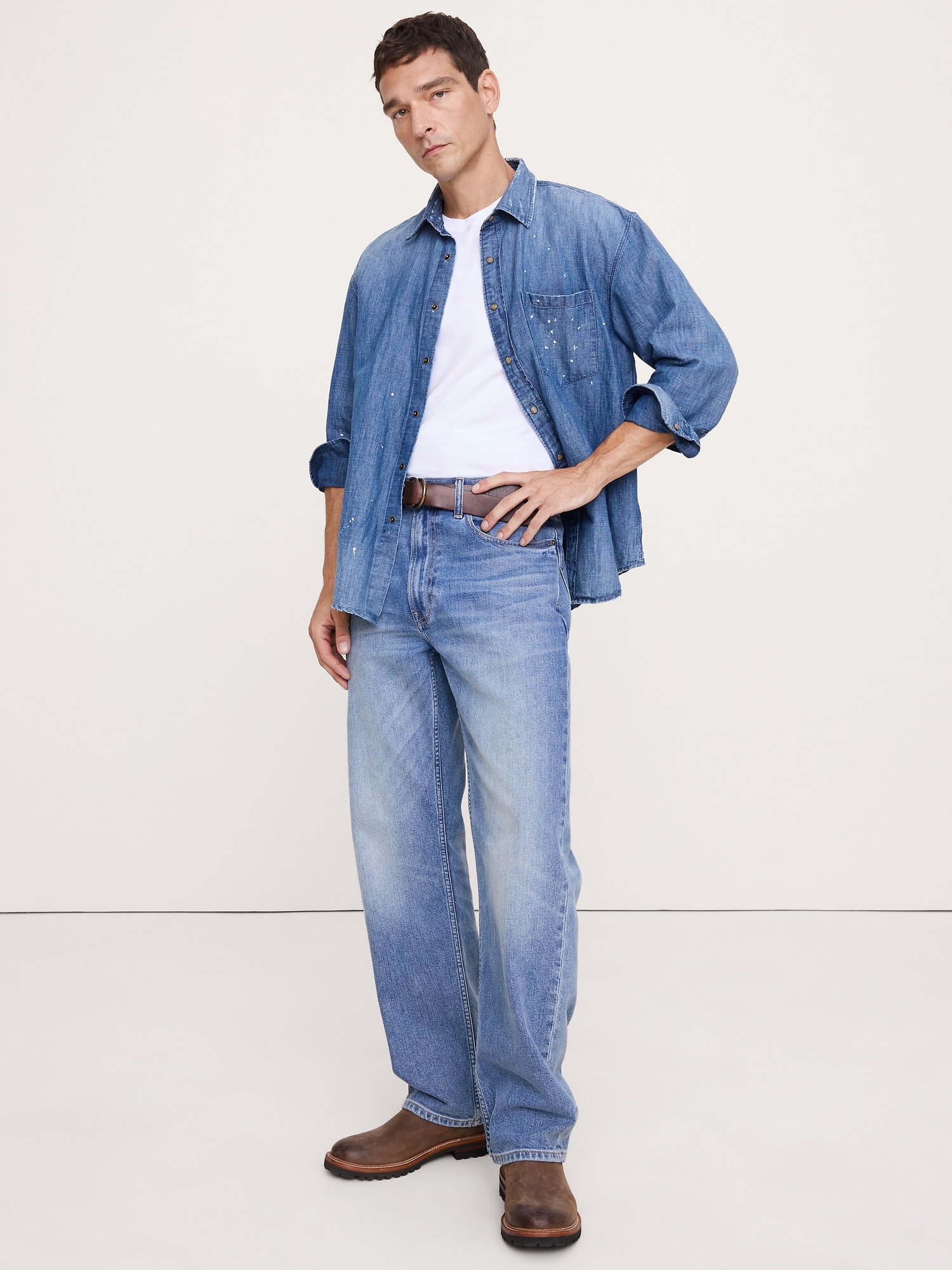 Relaxed-Fit Paint Splatter Cotton-Hemp Chambray Shirt