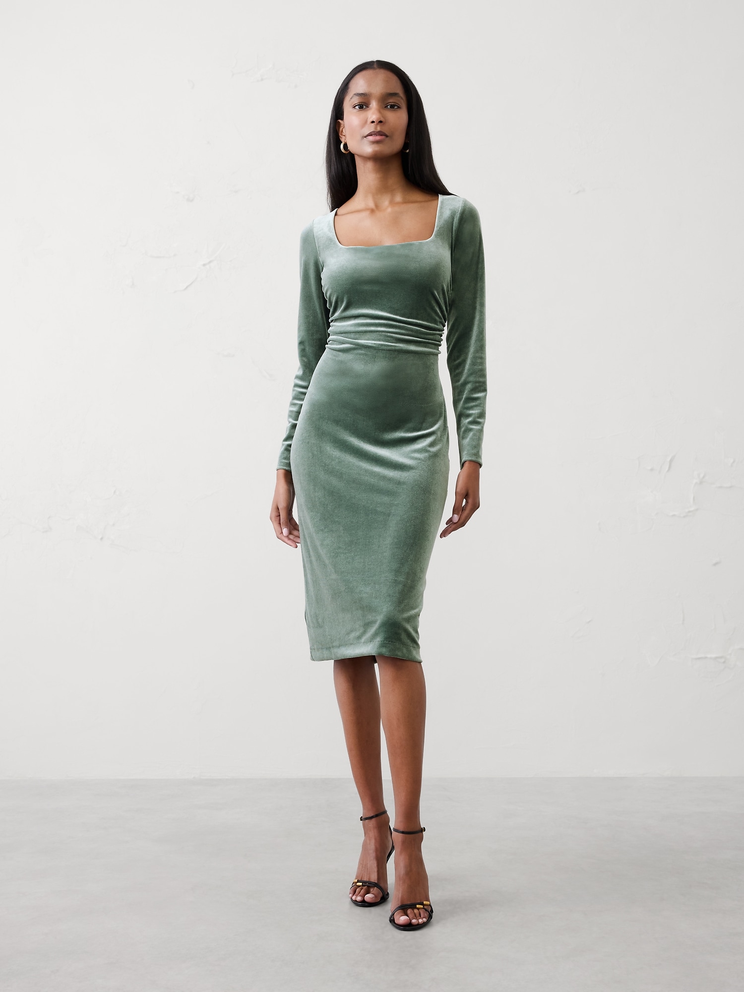 Velvet Shirred-Waist Below-Knee Dress