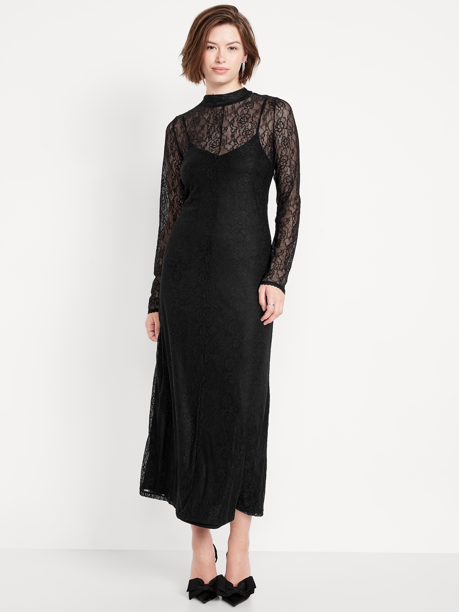 Mock Neck Lace Maxi Dress