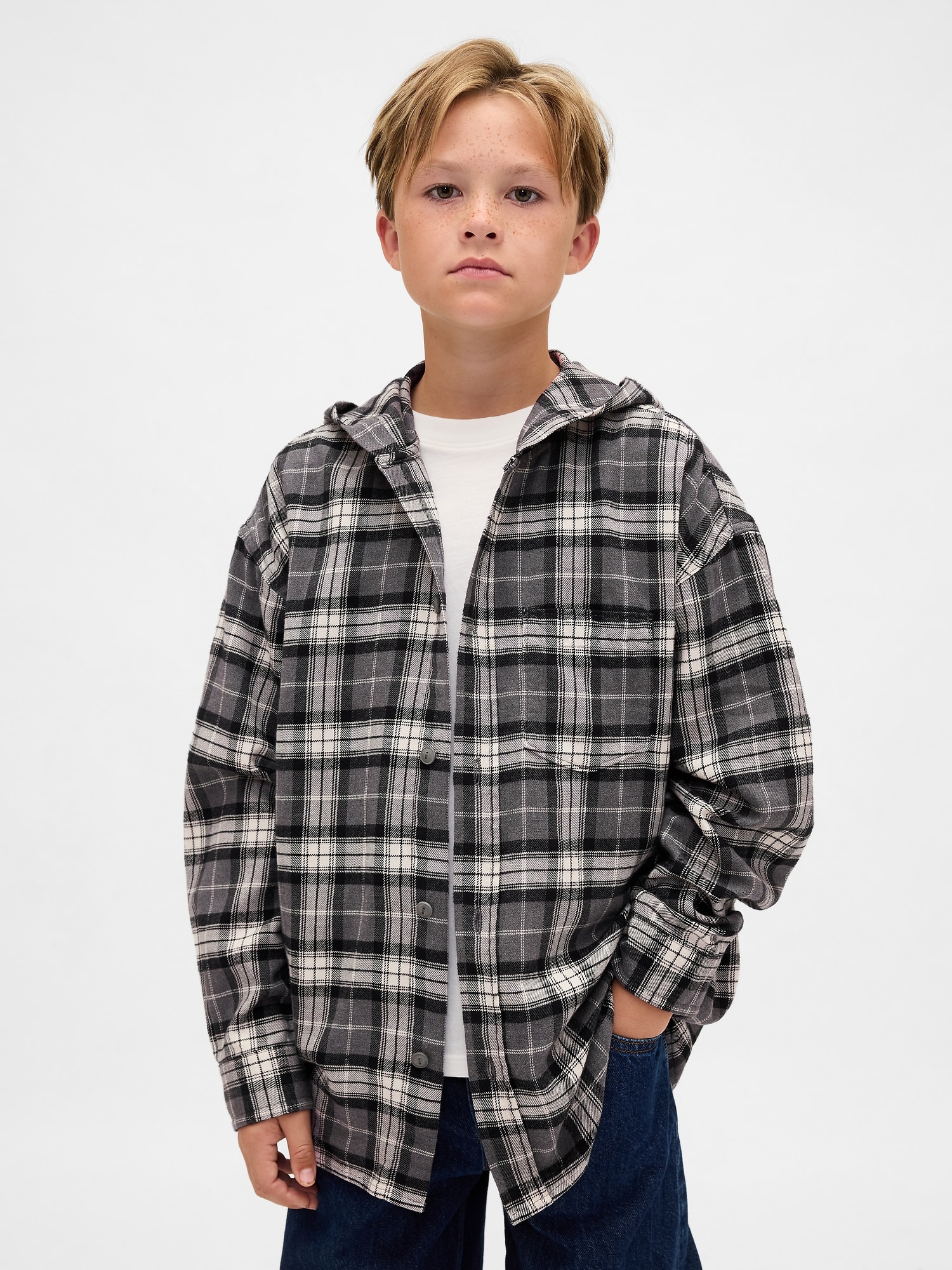 Kids Organic Cotton Hooded Flannel Shirt