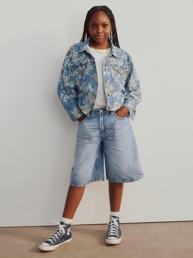 ミッドライズ ロングライン デニムショートパンツ (キッズ)-5