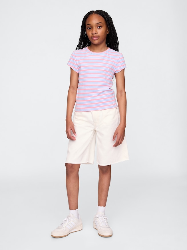 ミッドライズ ロングライン デニムショートパンツ (キッズ)-0