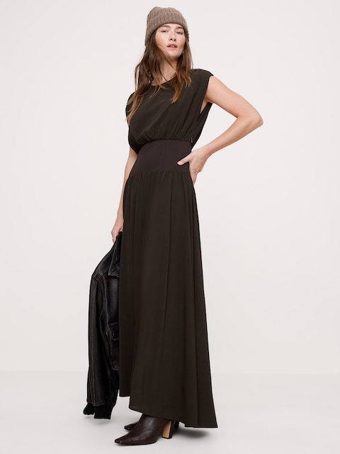 ROBE LONGUE EN CRÊPE EXTENSIBLE À TAILLE BASSE
