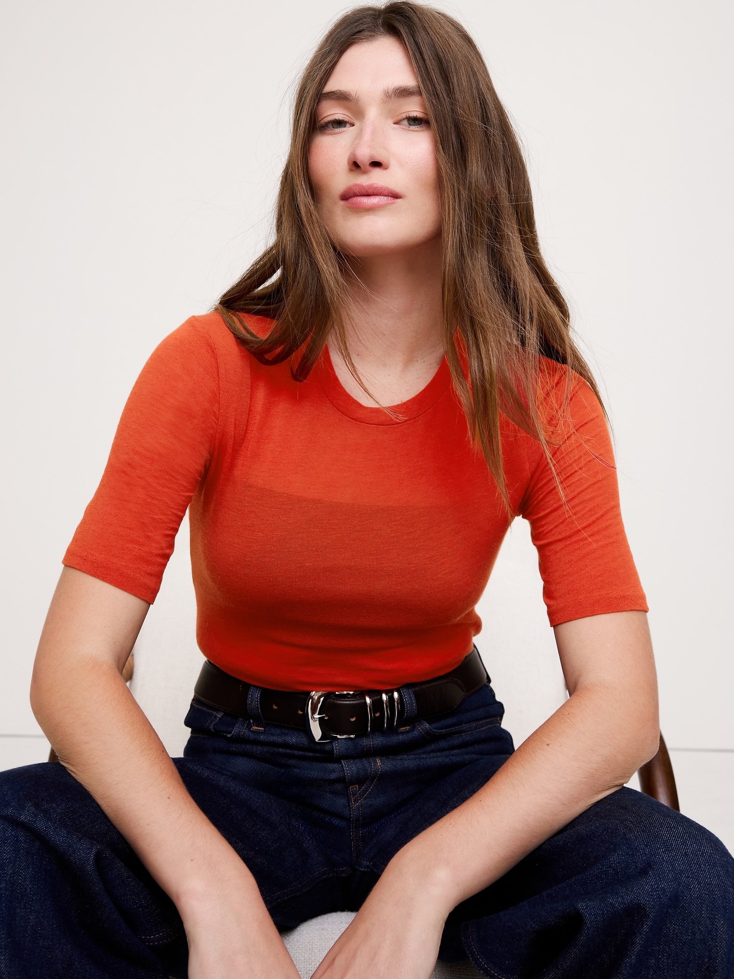 T-SHIRT DIAPHANE RAS DU COU EN LAINE ET LYOCELL