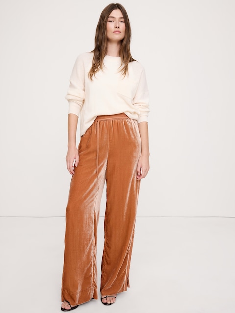 PANTALON EN VELOURS À TAILLE HAUTE EXTENSIBLE, JAMBE LARGE