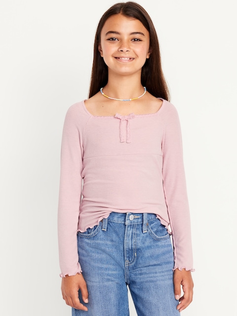 Fitted Long-Sleeve Lace-Tie Ribbed T-Shirt for Girls