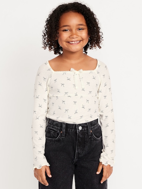 Fitted Long-Sleeve Lace-Tie Ribbed T-Shirt for Girls
