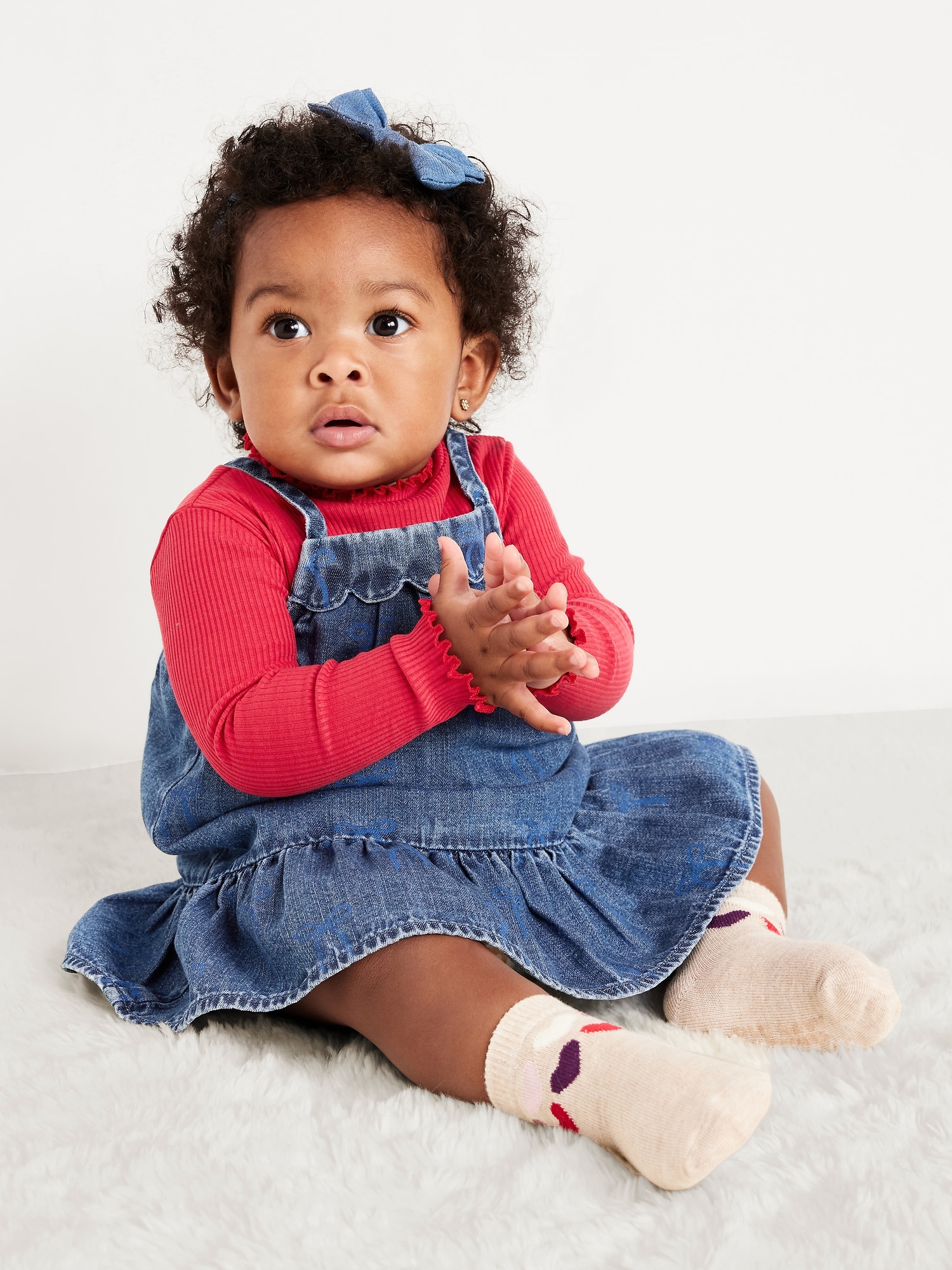 ENSEMBLE DE T-SHIRT CÔTELÉ À COL MONTANT ET ROBE ÉTAGÉE EN CHAMBRAY POUR BÉBÉ