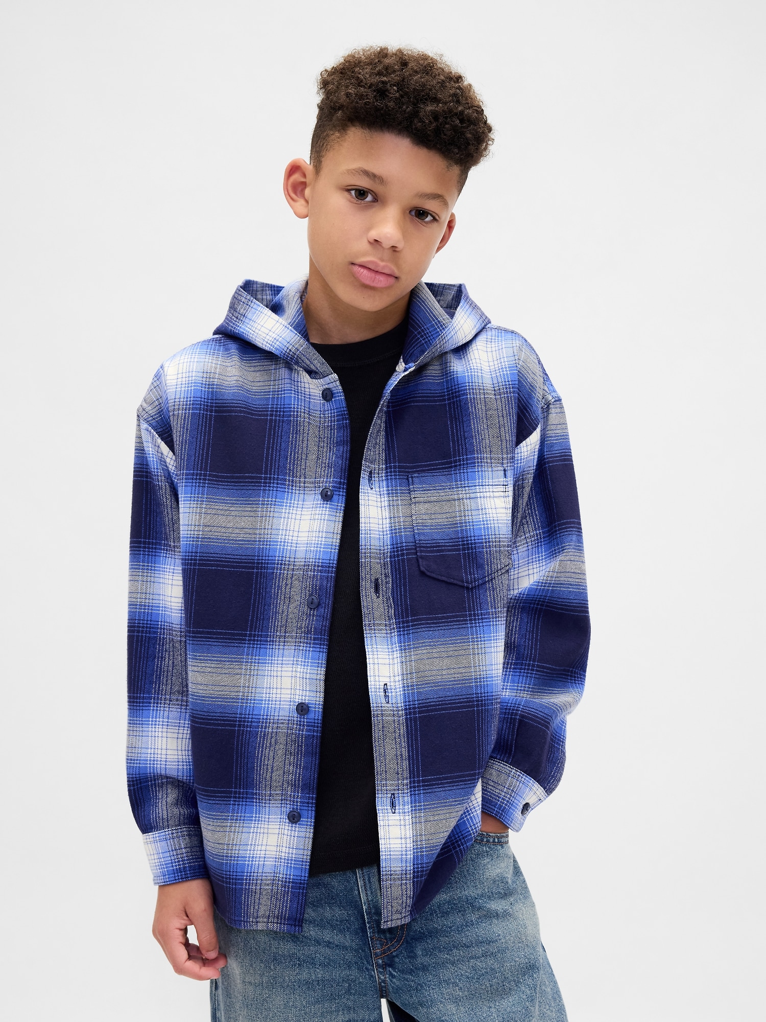 Kids Organic Cotton Hooded Flannel Shirt