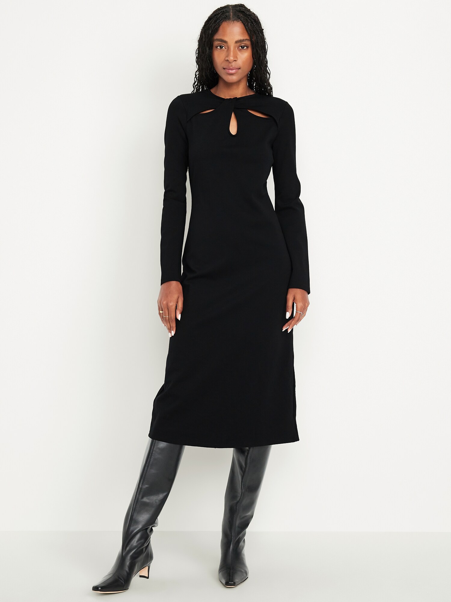 black long sleeve dress old navy Old Navy Long Sleeve Fit & Flare Twist Front Cutout Midi Black Dress Womens  XL