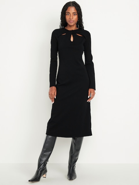 Long-Sleeve Twist-Neck Midi Dress