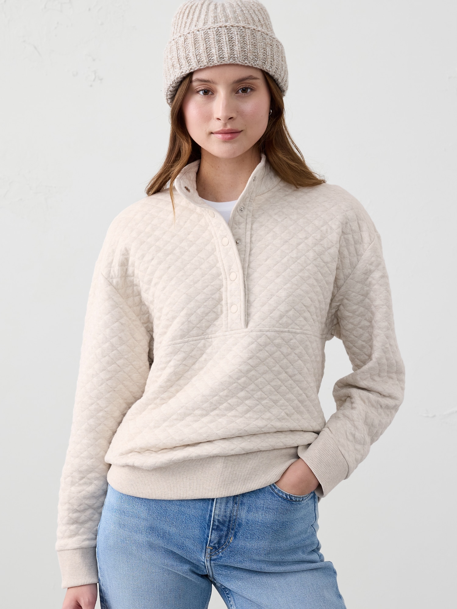 Snap-Collar Quilted Sweatshirt