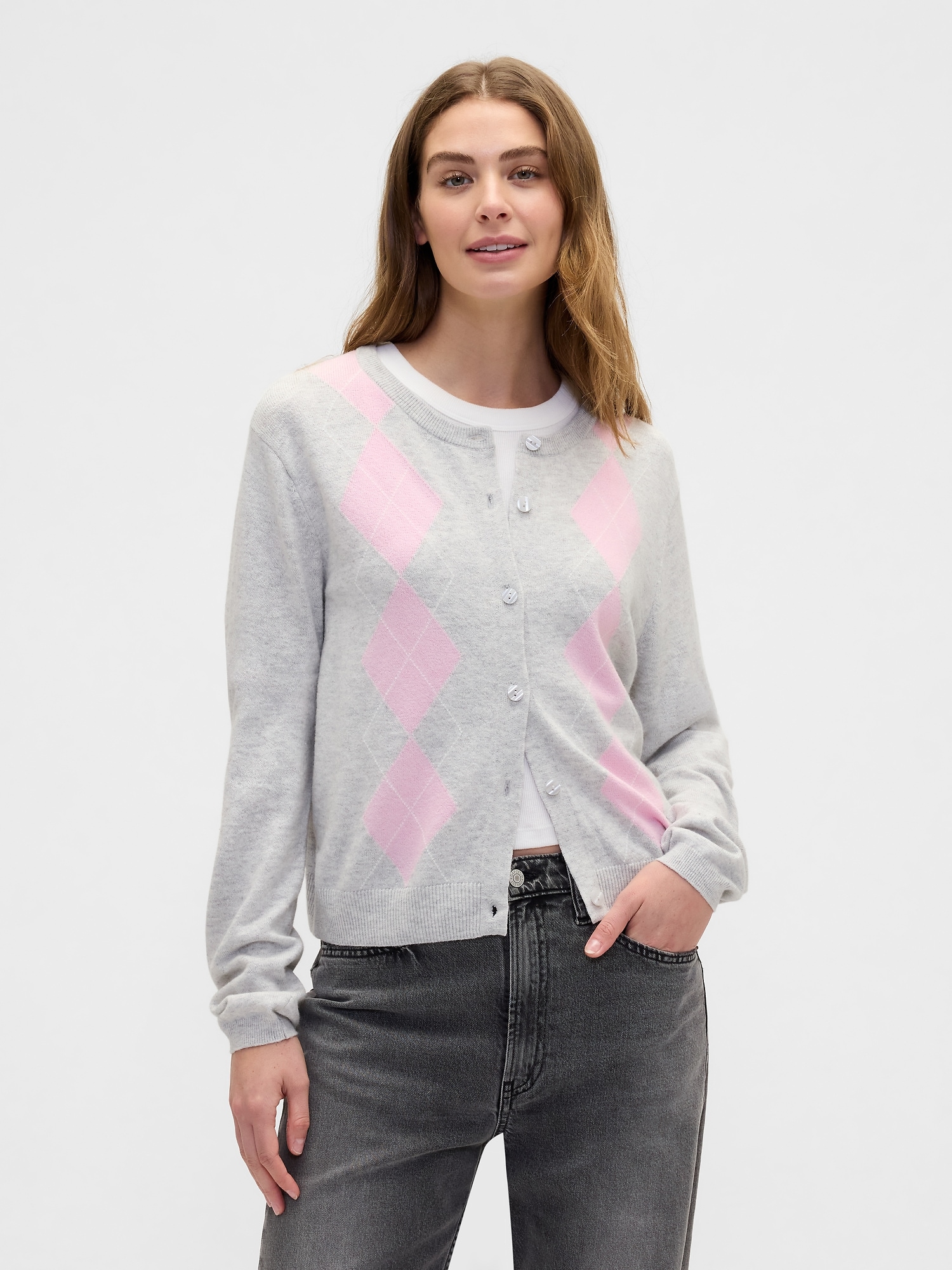 CashSoft Argyle Crewneck Cardigan