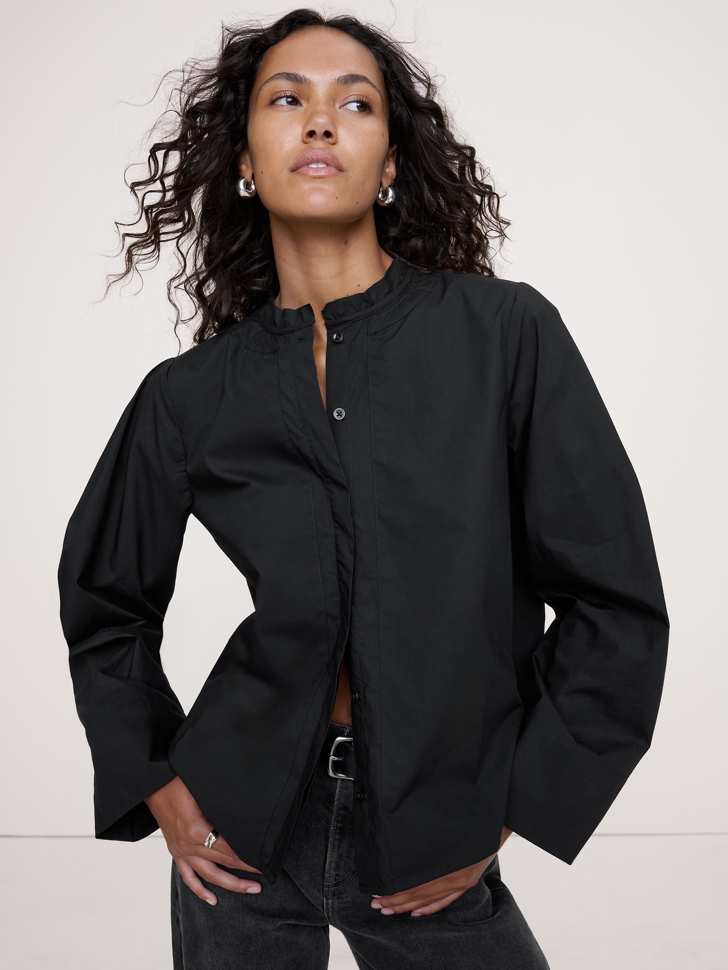 コットン ポプリン バンドカラー トップ-0 コットン ポプリン バンドカラー トップ-0