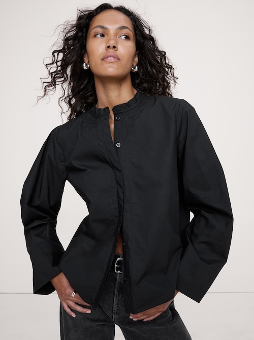 コットン ポプリン バンドカラー トップ