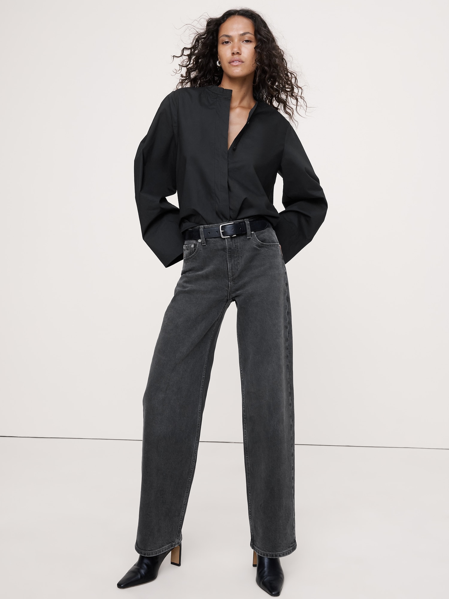 コットン ポプリン バンドカラー トップ-2 コットン ポプリン バンドカラー トップ-2