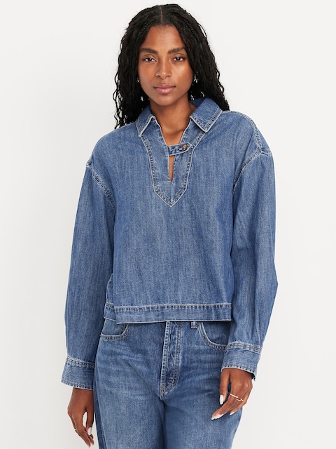 Long-Sleeve Popover Jean Shirt