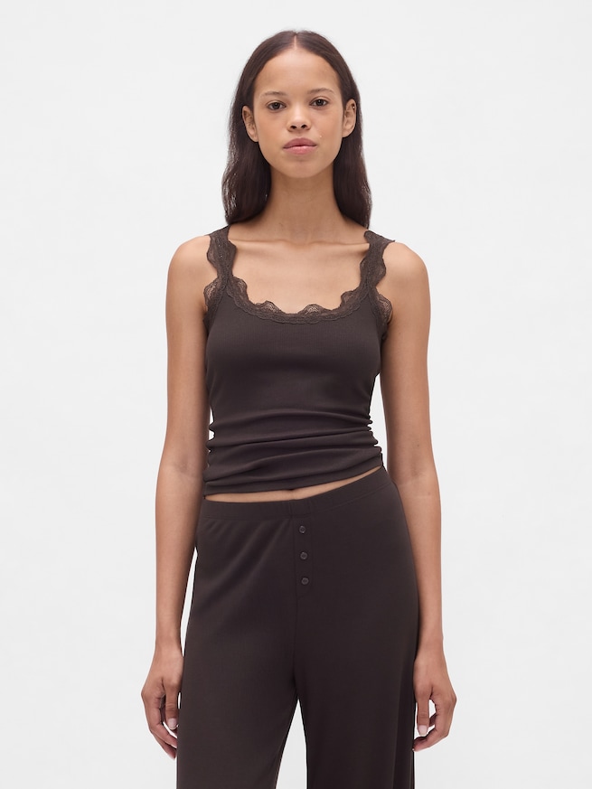 細リブ レース パジャマタンクトップ-0