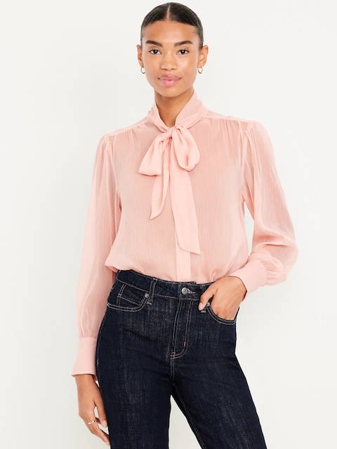 Long-Sleeve Tie-Neck Chiffon Top