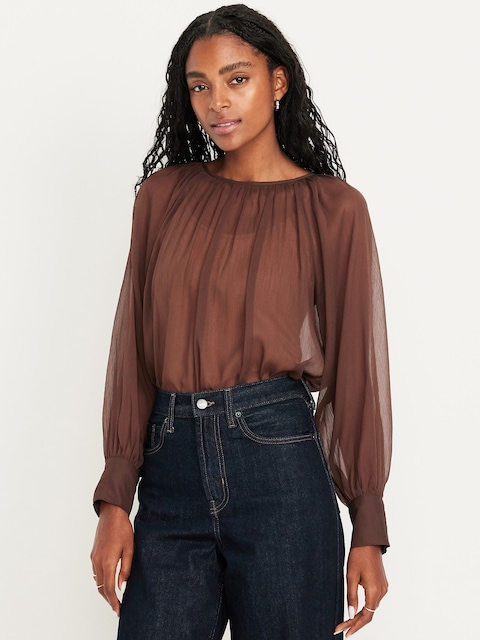 Shirred Chiffon Long-Sleeve Top