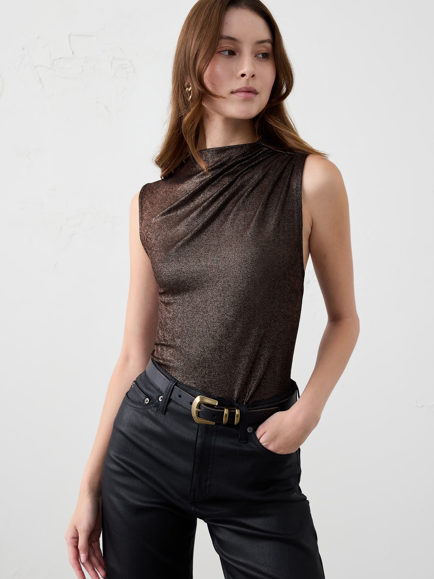 Foiled Ribbed Draped-Shoulder Top