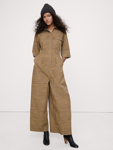 Stretch-Cotton Wide-Leg Utility Jumpsuit