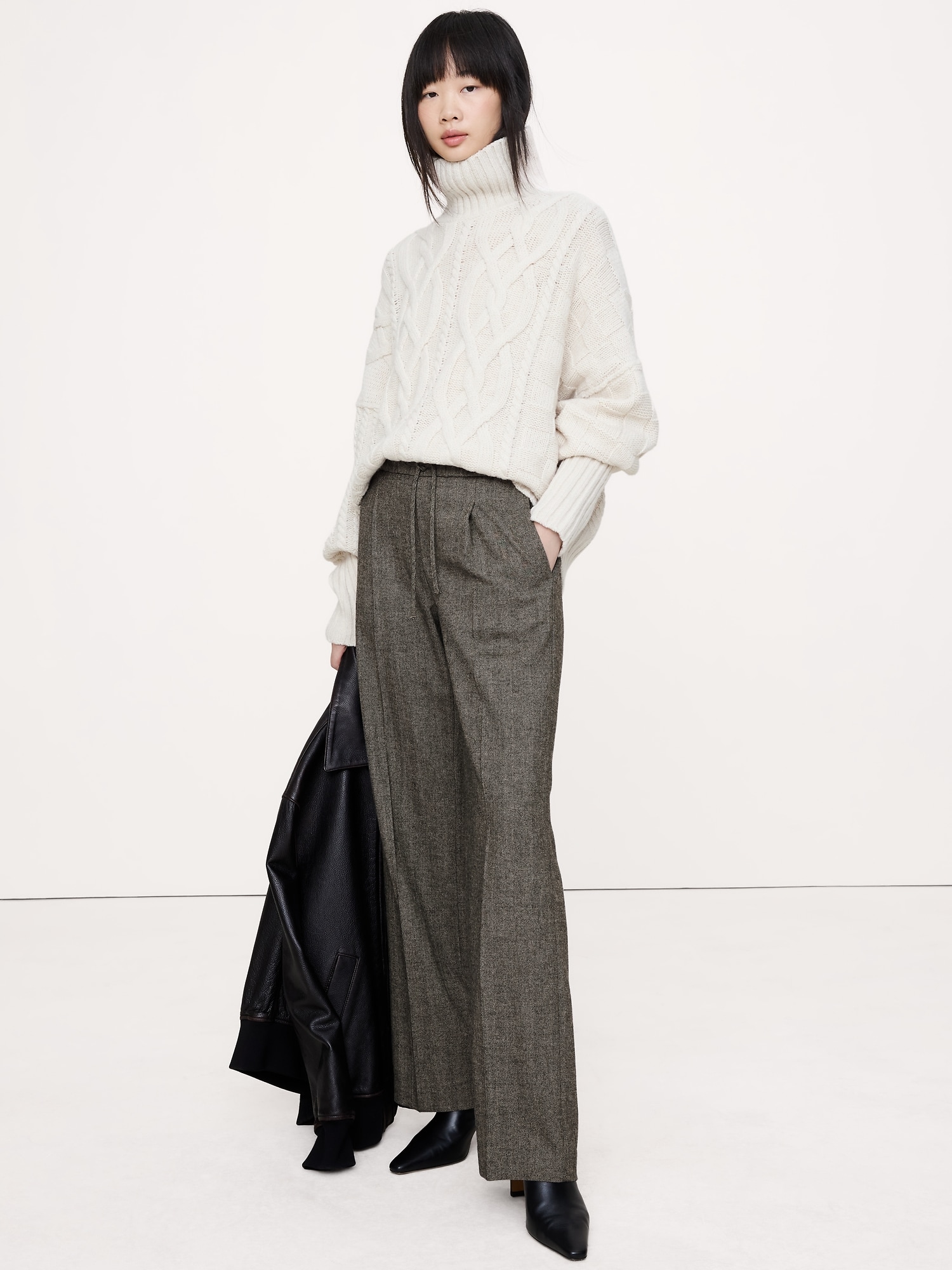 ミッドライズ ワイドレッグ フランネル ドローストリングパンツ-0