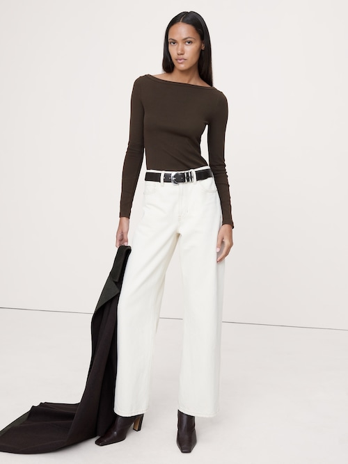 リブ ボートネックTシャツ