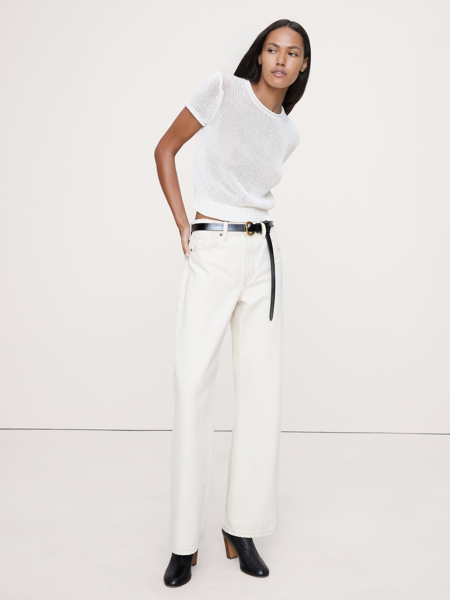 Fitted Heirloom Linen Short-Sleeve Sweater