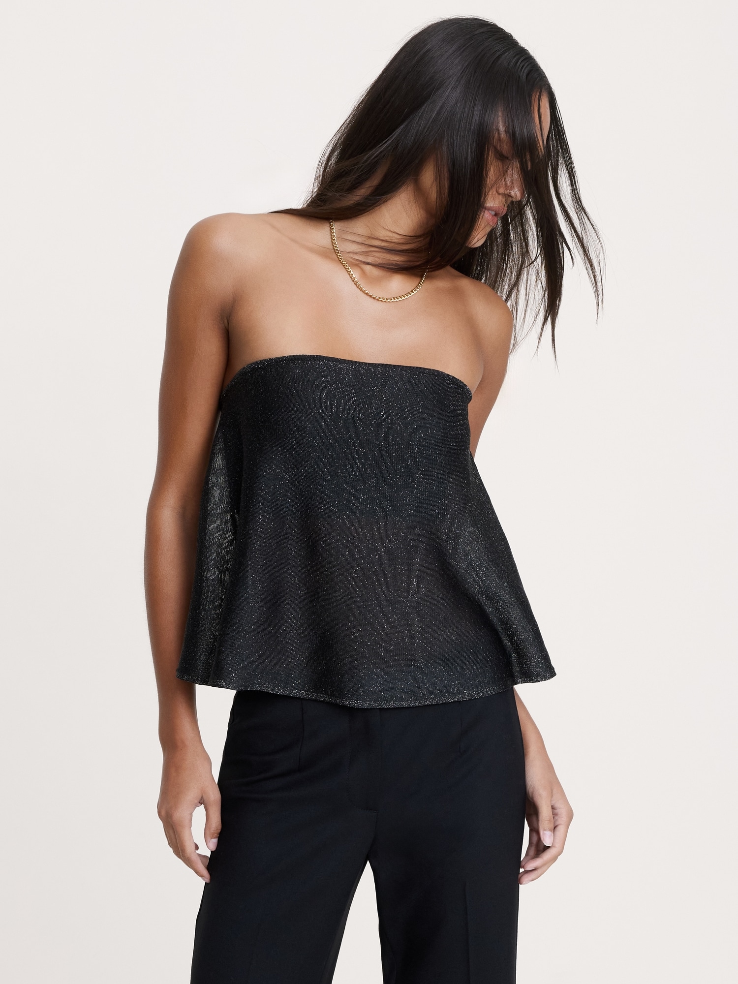 Metallic Strapless Top with Split Back