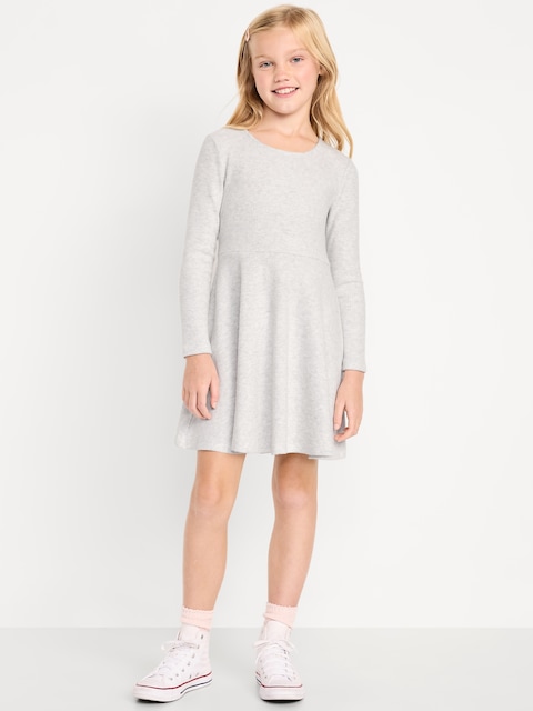 Cozy Long-Sleeve Ribbed Fit and Flare Dress for Girls