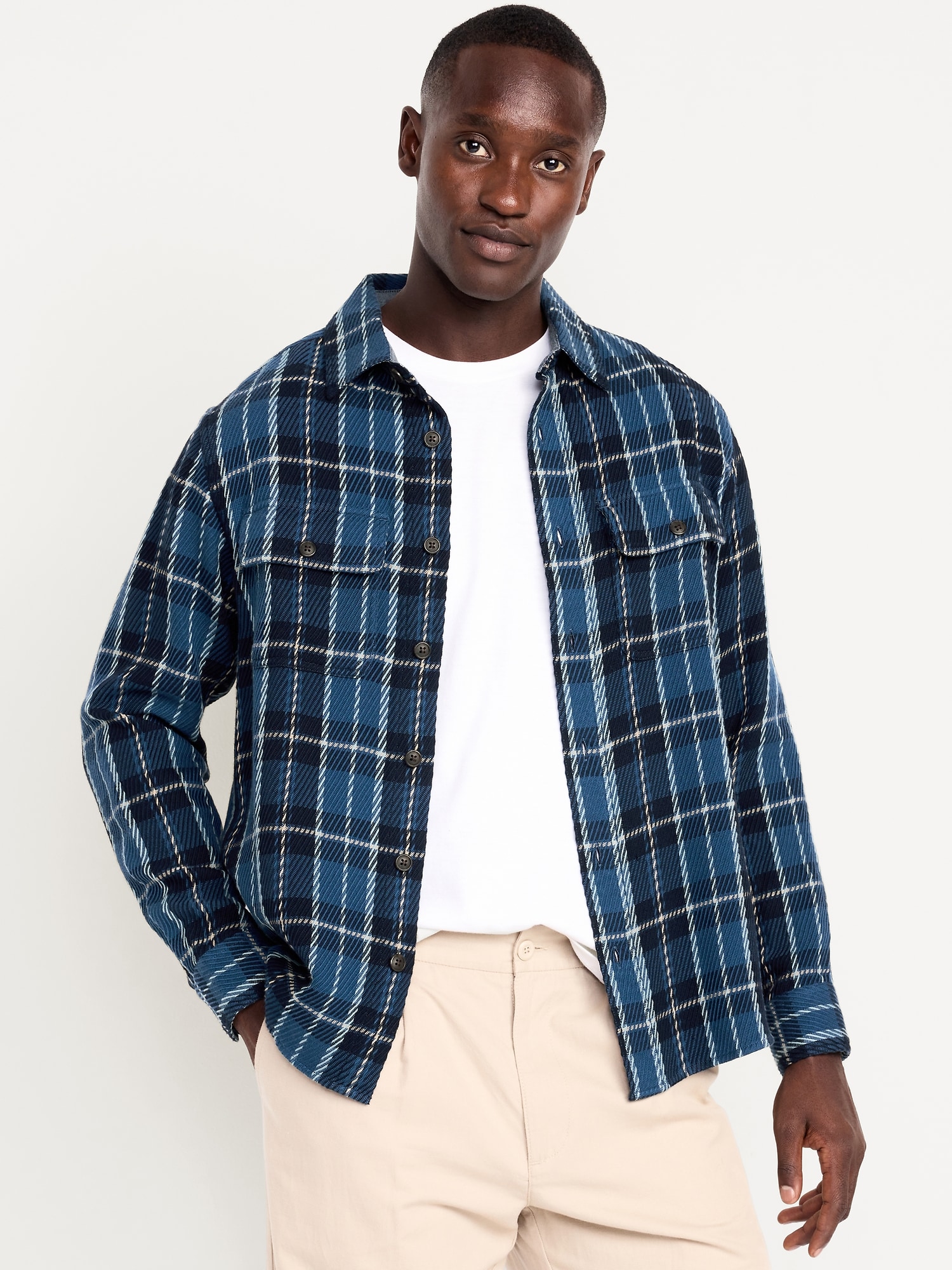 Loose Fit Textured Plaid Pocket Shirt