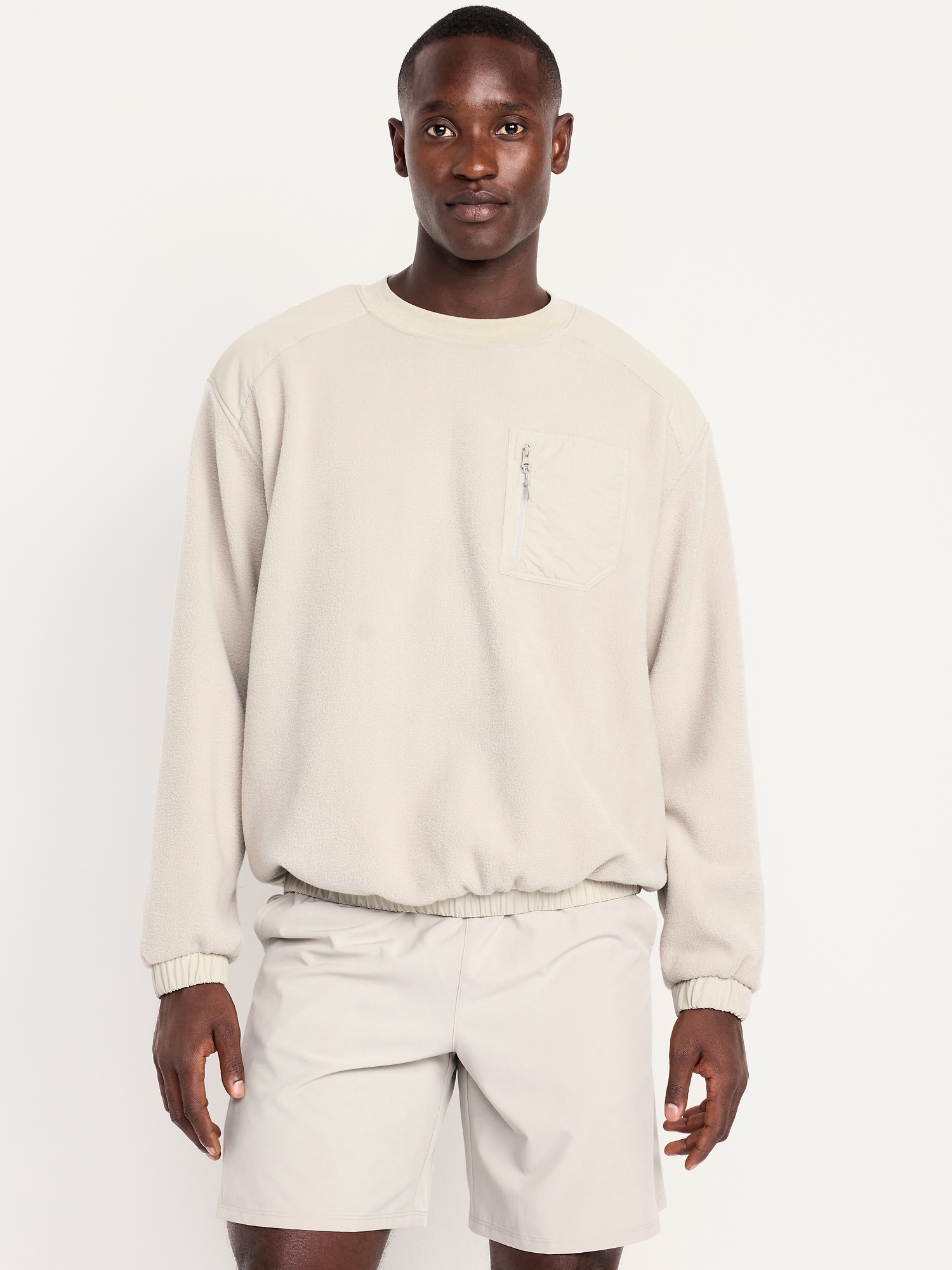 Oversized Microfleece Utility Pocket Crew-Neck