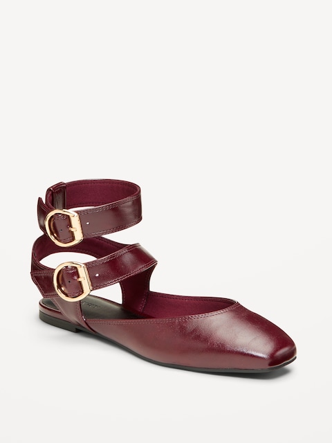 Faux-Leather Double Ankle-Strap Flats for Women